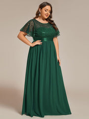 Plus Size High Waist Sequin Round-Neck Short-Sleeved Evening Dress