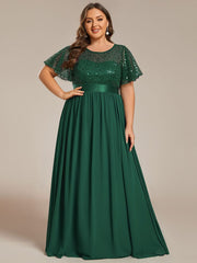 Plus Size High Waist Sequin Round-Neck Short-Sleeved Evening Dress