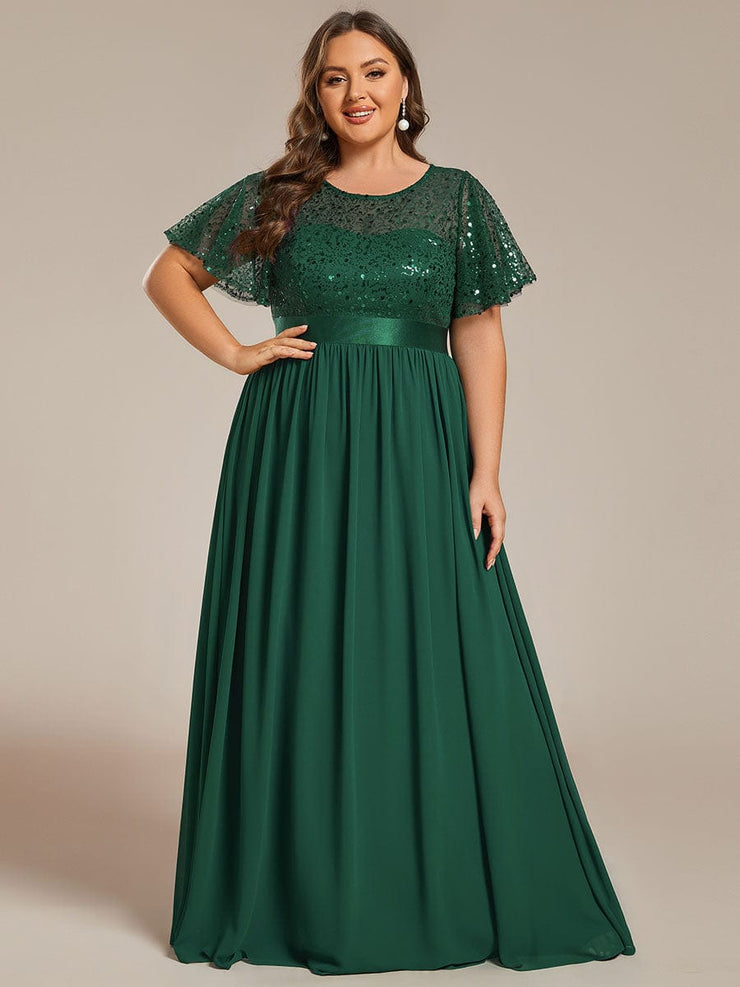 High Waist Sequin Round-Neck Short-Sleeved Evening Dress