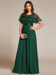 High Waist Sequin Round-Neck Short-Sleeved Evening Dress