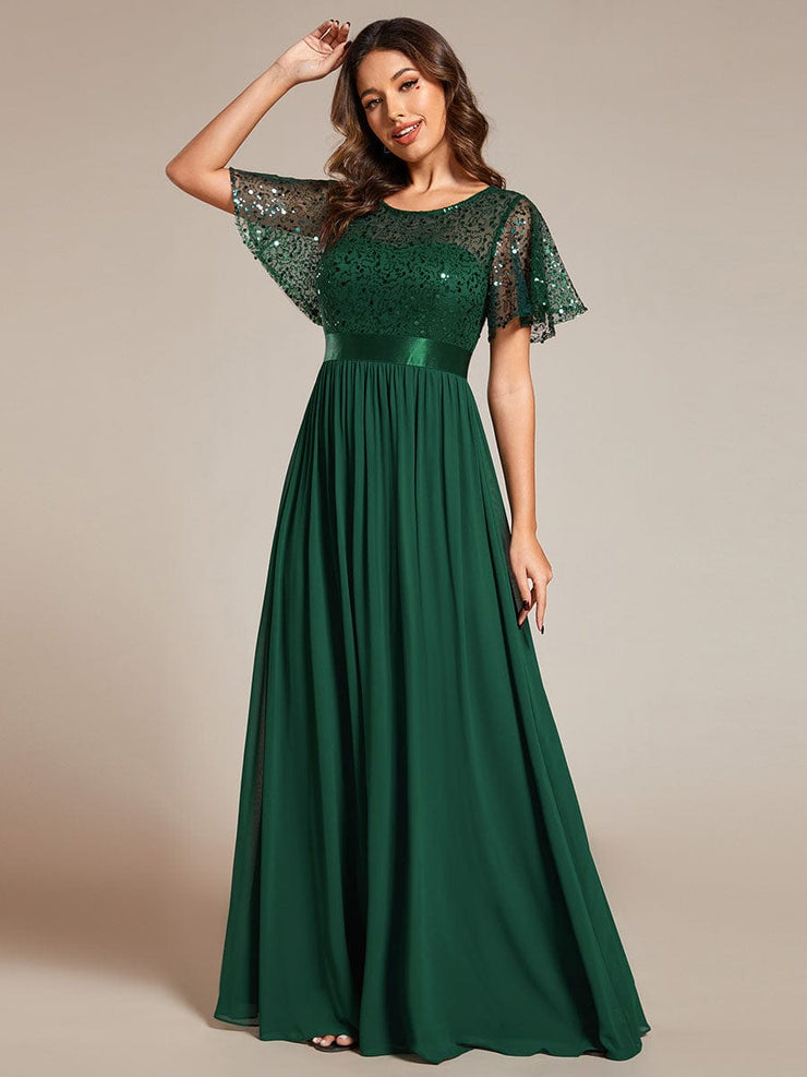 High Waist Sequin Round-Neck Short-Sleeved Evening Dress