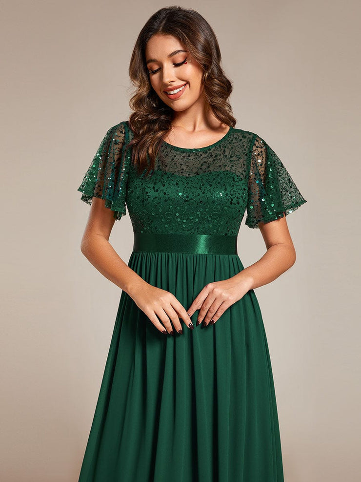 High Waist Sequin Round-Neck Short-Sleeved Evening Dress