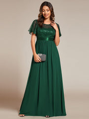 High Waist Sequin Round-Neck Short-Sleeved Evening Dress