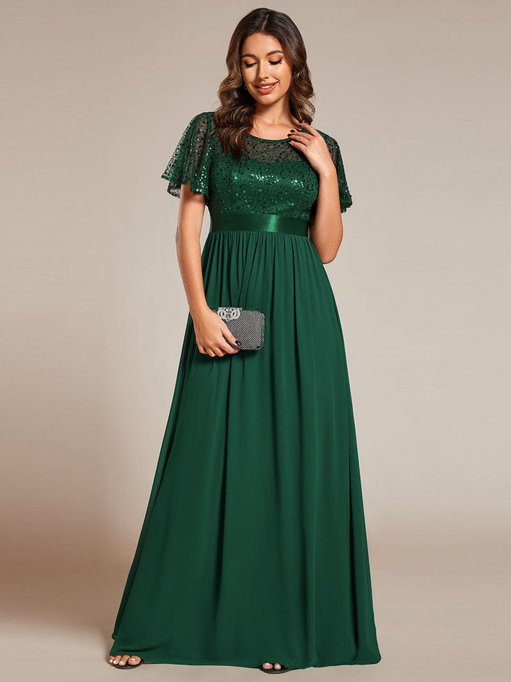 High Waist Sequin Round-Neck Short-Sleeved Evening Dress