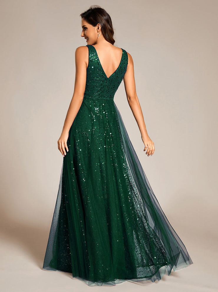 Sequined V-Neck Sleeveless See-Through Tulle Evening Dress