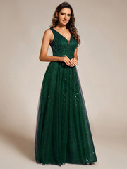 Sequined V-Neck Sleeveless See-Through Tulle Evening Dress