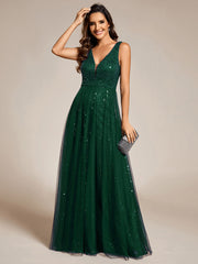 Sequined V-Neck Sleeveless See-Through Tulle Evening Dress