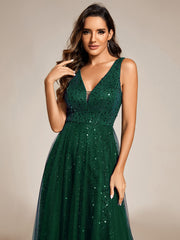 Sequined V-Neck Sleeveless See-Through Tulle Evening Dress