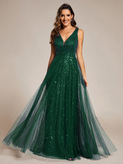 Sequined V-Neck Sleeveless See-Through Tulle Evening Dress