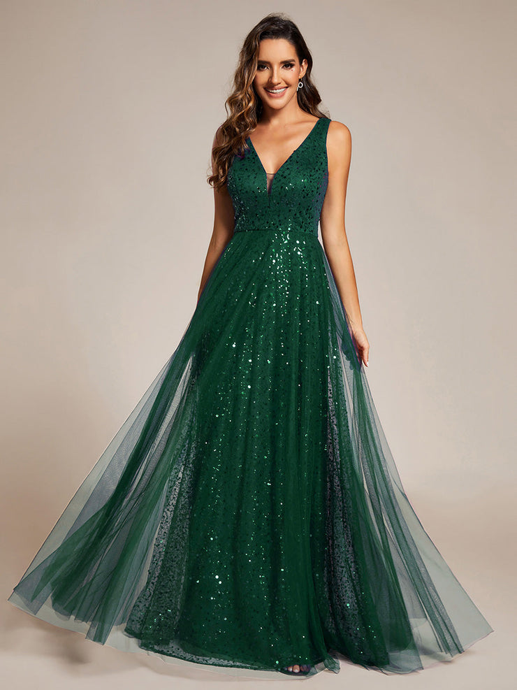 Sequined V-Neck Sleeveless See-Through Tulle Evening Dress