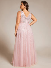 Sequined V-Neck Sleeveless See-Through Tulle Evening Dress