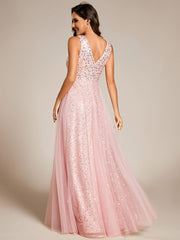 Sequined V-Neck Sleeveless See-Through Tulle Evening Dress