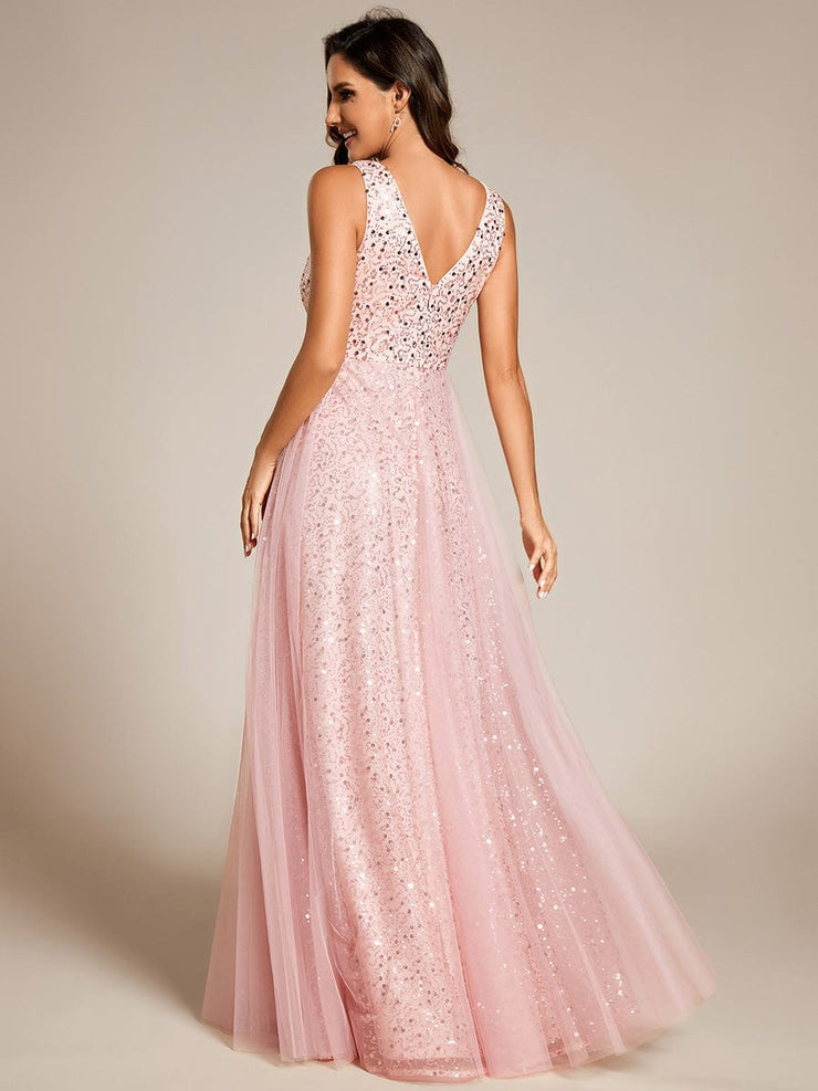 Sequined V-Neck Sleeveless See-Through Tulle Evening Dress