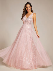 Sequined V-Neck Sleeveless See-Through Tulle Evening Dress