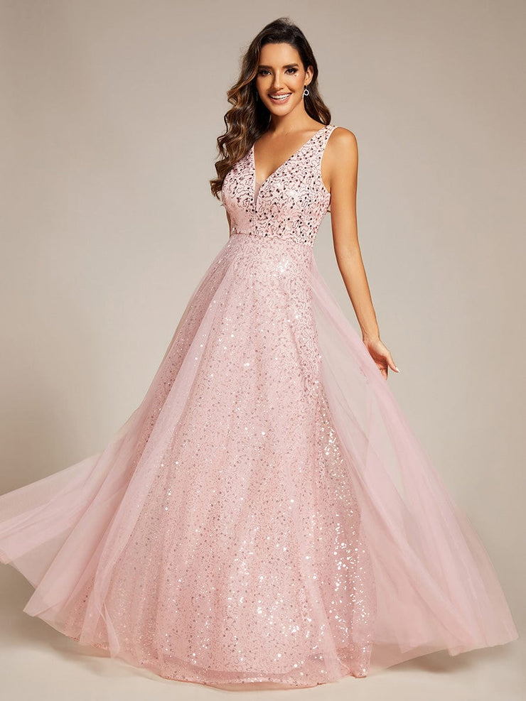 Sequined V-Neck Sleeveless See-Through Tulle Evening Dress