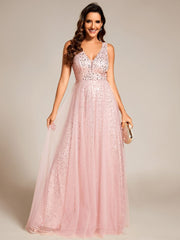 Sequined V-Neck Sleeveless See-Through Tulle Evening Dress