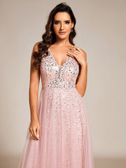 Sequined V-Neck Sleeveless See-Through Tulle Evening Dress