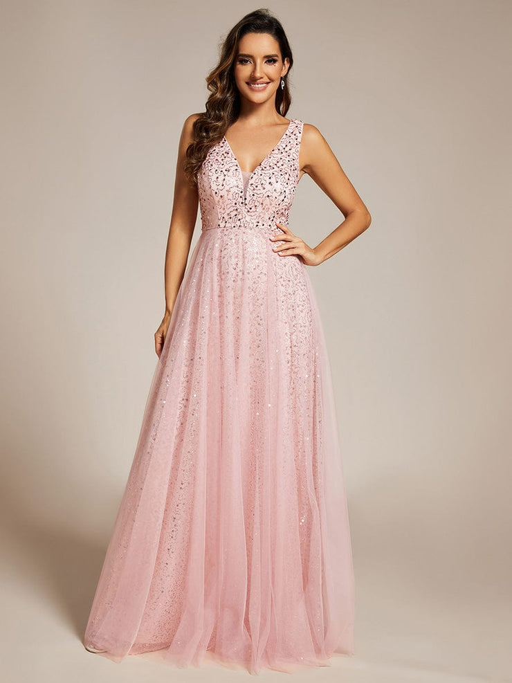 Sequined V-Neck Sleeveless See-Through Tulle Evening Dress