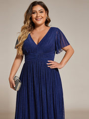 Plus Size Sparkle Short Sleeves Formal Evening Dress with V-Neck