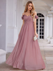 Sparkling V-Neck Cold-Shoulder Pleated Evening Dress with Floral Details