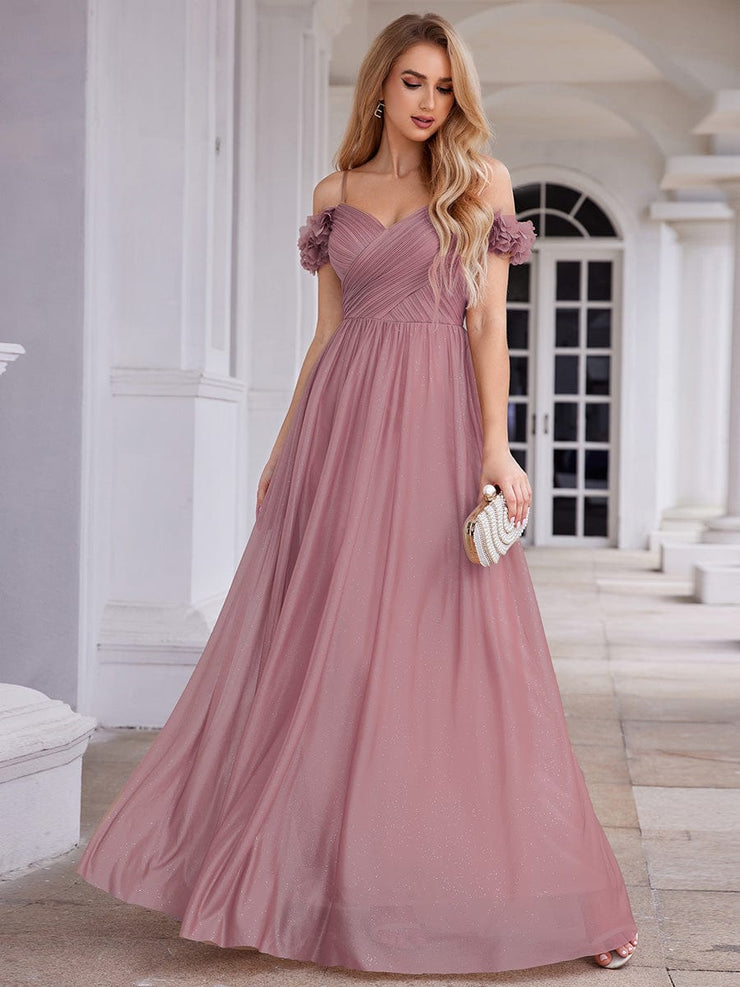 Sparkling V-Neck Cold-Shoulder Pleated Evening Dress with Floral Details