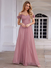 Sparkling V-Neck Cold-Shoulder Pleated Evening Dress with Floral Details