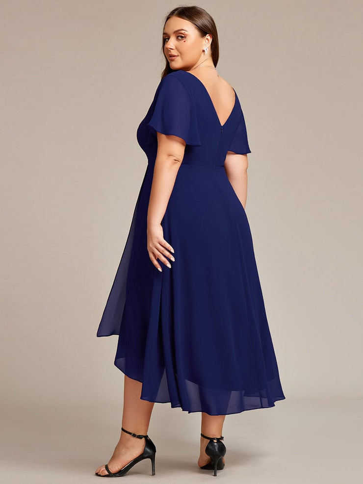 Plus Size High Low Chiffon Wedding Guest Dress with V-Neck and Ruffle Sleeves