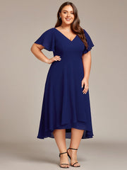 Plus Size High Low Chiffon Wedding Guest Dress with V-Neck and Ruffle Sleeves