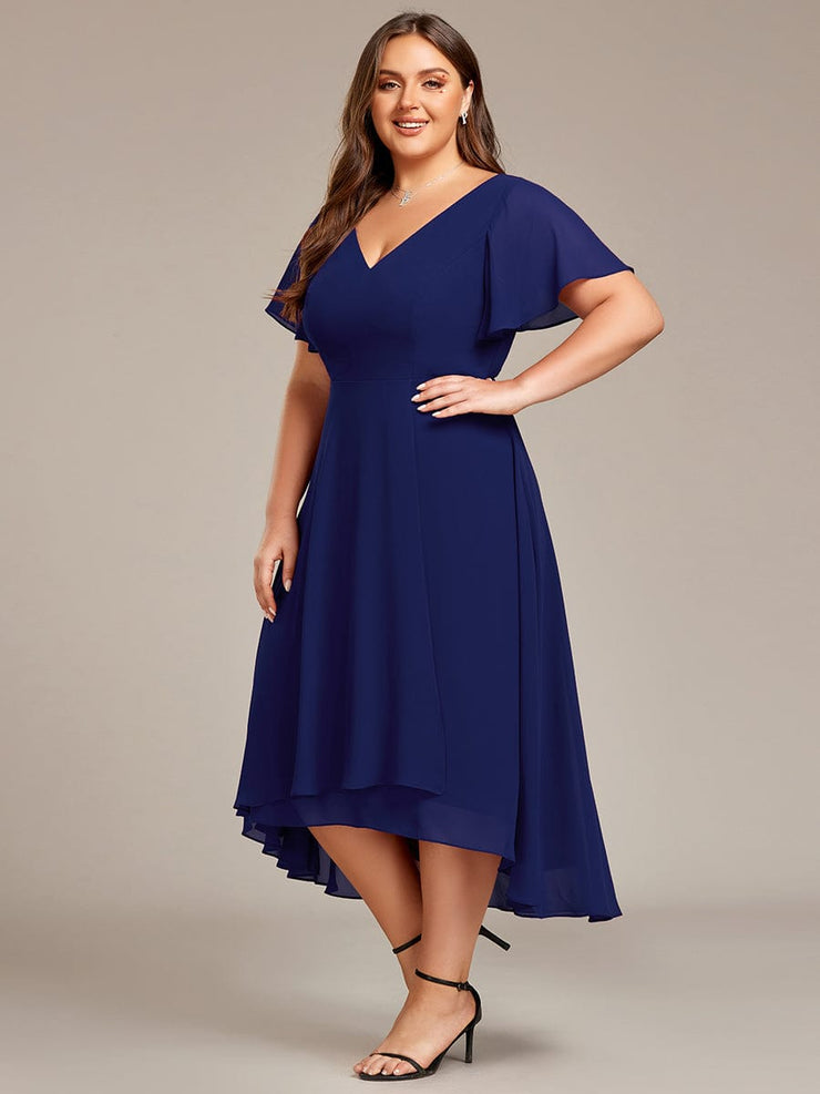 Plus Size High Low Chiffon Wedding Guest Dress with V-Neck and Ruffle Sleeves