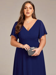 Plus Size High Low Chiffon Wedding Guest Dress with V-Neck and Ruffle Sleeves