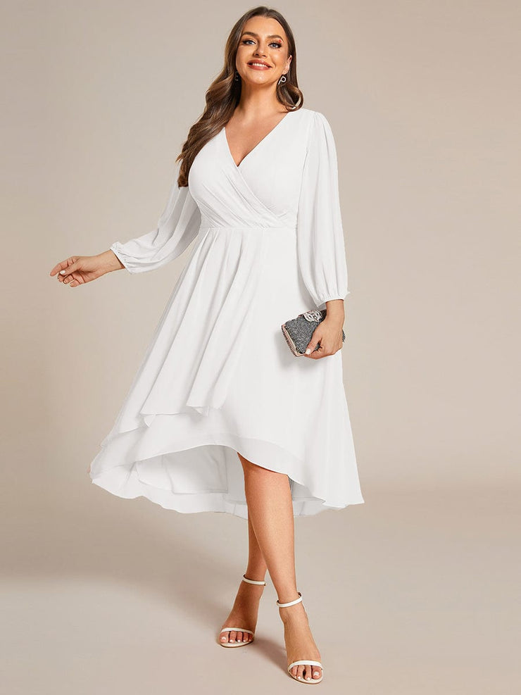 Custom Size Elegant Long Sleeve V-Neck High Low Chiffon Wedding Guest Dress