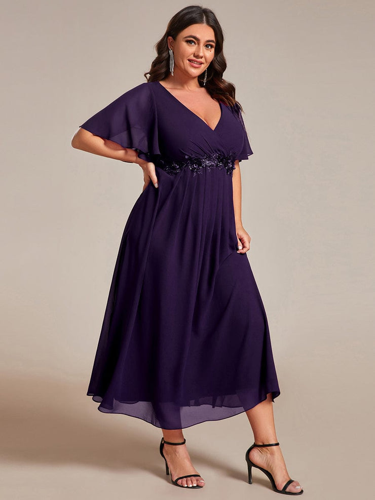 Plus Size V-Neck Chiffon Midi Wedding Guest Dress with Waist Applique