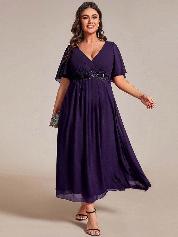 Plus Size V-Neck Chiffon Midi Wedding Guest Dress with Waist Applique