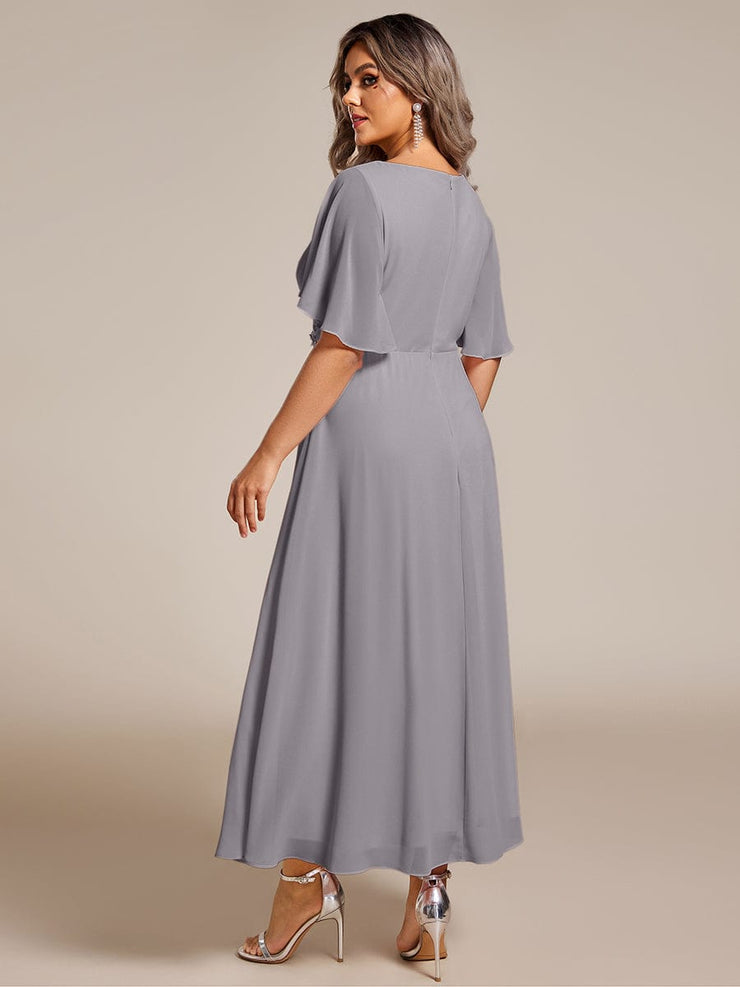 Plus Size V-Neck Chiffon Midi Wedding Guest Dress with Waist Applique