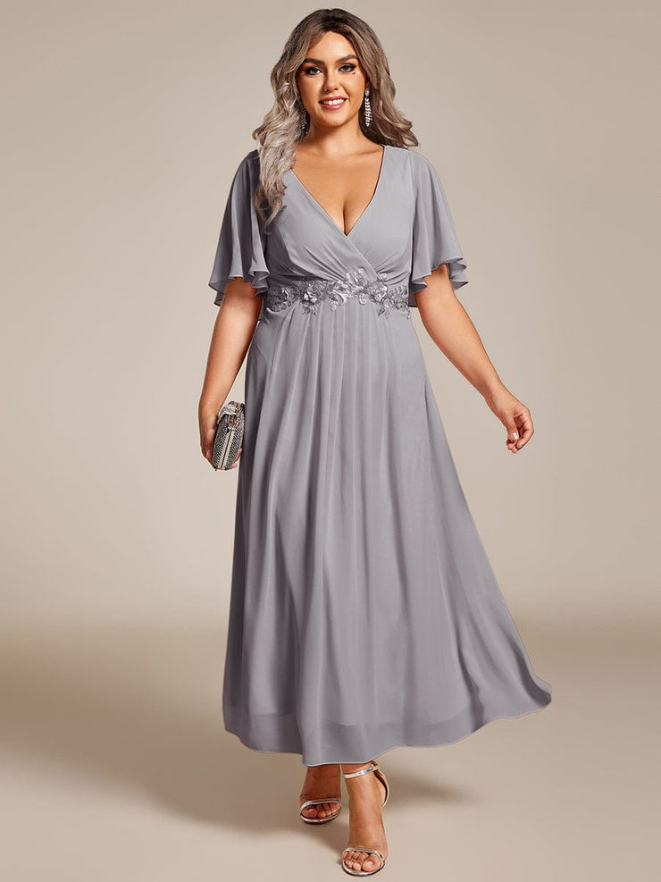 Plus Size V-Neck Chiffon Midi Wedding Guest Dress with Waist Applique