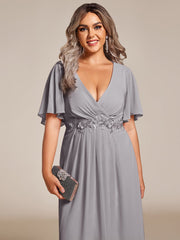 Plus Size V-Neck Chiffon Midi Wedding Guest Dress with Waist Applique