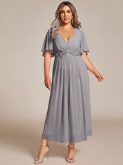 Plus Size V-Neck Chiffon Midi Wedding Guest Dress with Waist Applique