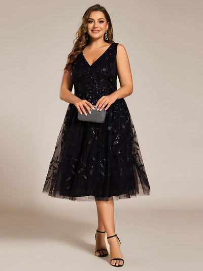 Plus Size Sleeveless Sequin A-Line Midi Wedding Guest Dress