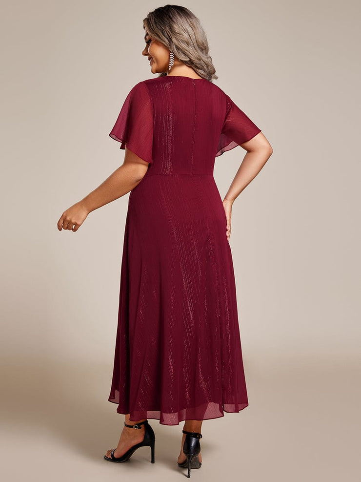 Plus Size Glitter Short Sleeve A-Line Midi Wedding Guest Dress with Ruffled Hem