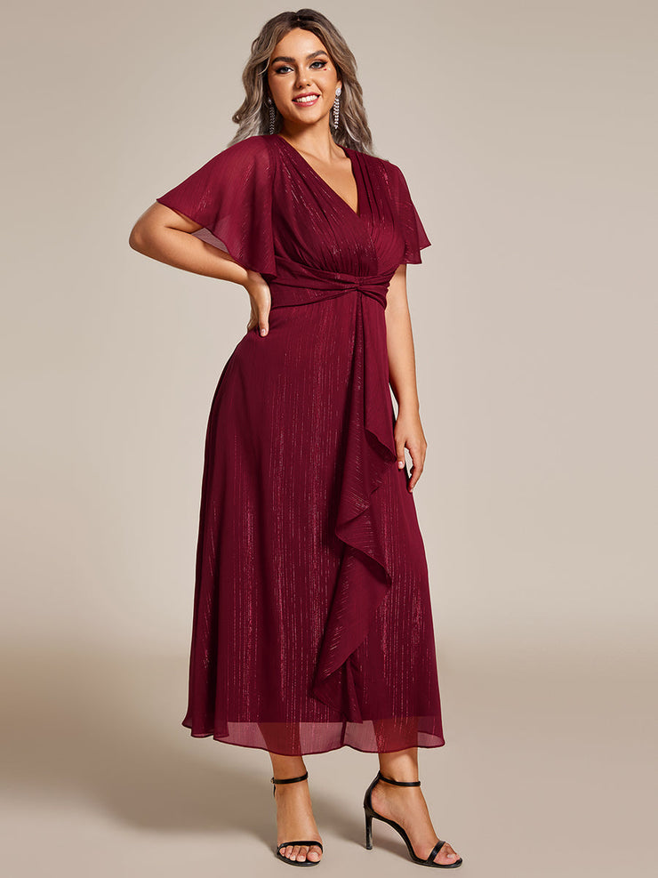 Plus Size Glitter Short Sleeve A-Line Midi Wedding Guest Dress with Ruffled Hem