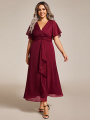 Plus Size Glitter Short Sleeve A-Line Midi Wedding Guest Dress with Ruffled Hem