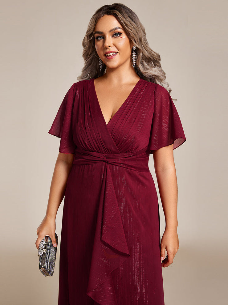 Plus Size Glitter Short Sleeve A-Line Midi Wedding Guest Dress with Ruffled Hem