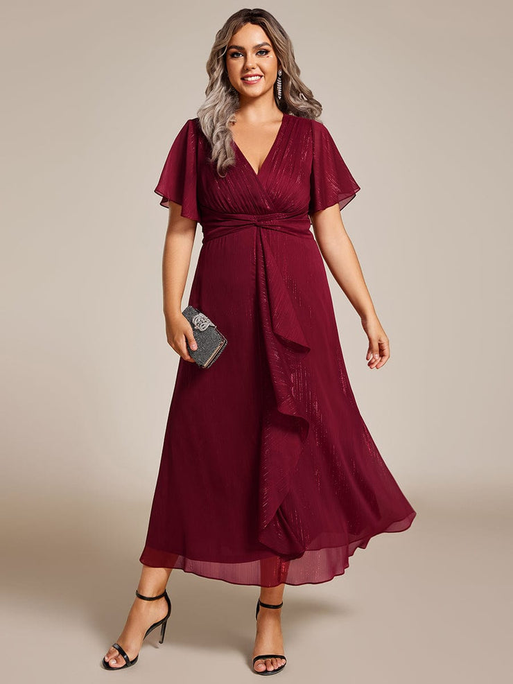 Plus Size Glitter Short Sleeve A-Line Midi Wedding Guest Dress with Ruffled Hem