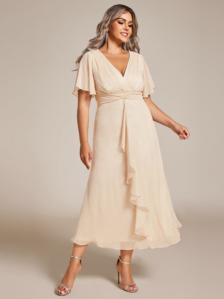 Plus Size Glitter Short Sleeve A-Line Midi Wedding Guest Dress with Ruffled Hem