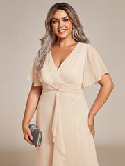 Plus Size Glitter Short Sleeve A-Line Midi Wedding Guest Dress with Ruffled Hem