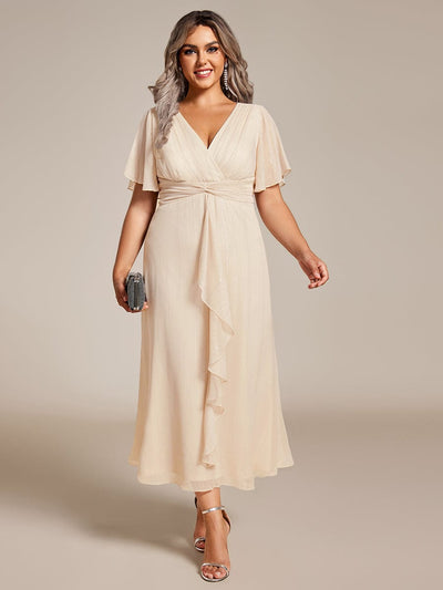 Plus Size Glitter Short Sleeve A-Line Midi Wedding Guest Dress with Ruffled Hem