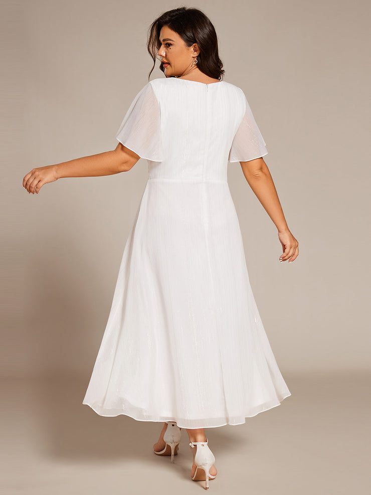 Plus Size Glitter Short Sleeve A-Line Midi Wedding Guest Dress with Ruffled Hem