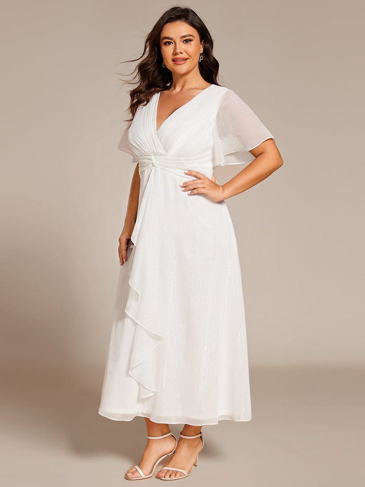 Plus Size Glitter Short Sleeve A-Line Midi Wedding Guest Dress with Ruffled Hem