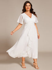 Plus Size Glitter Short Sleeve A-Line Midi Wedding Guest Dress with Ruffled Hem