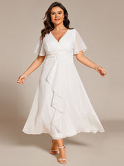 Plus Size Glitter Short Sleeve A-Line Midi Wedding Guest Dress with Ruffled Hem